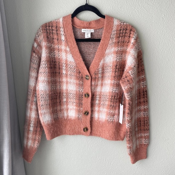 Cupcakes and Cashmere Sweaters - NWT Cupcakes and Cashmere Pink Plaid Eyelash Knit Cardigan Women's Size S